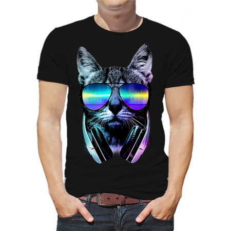  Tricou pentru bărbați Cat cu ochelari și căști