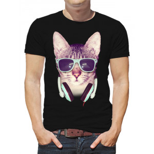  Tricou pentru bărbați Cat cu ochelari și căști. Photo 2