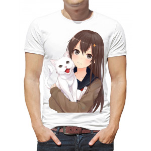 Tricou bărbați Anime Girl cu o pisică
