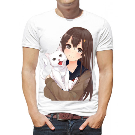  Tricou bărbați Anime Girl cu o pisică